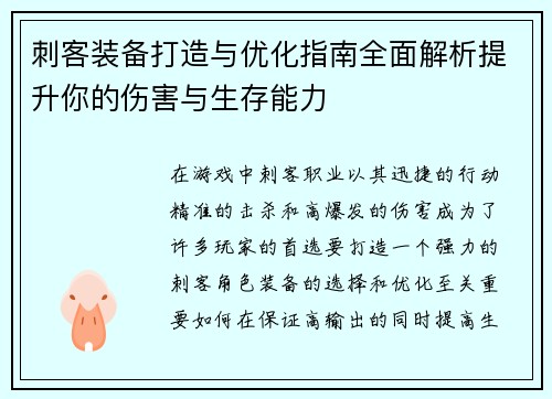 刺客装备打造与优化指南全面解析提升你的伤害与生存能力 刺客装备打造与优化指南全面解析提升你的伤害与生存能力